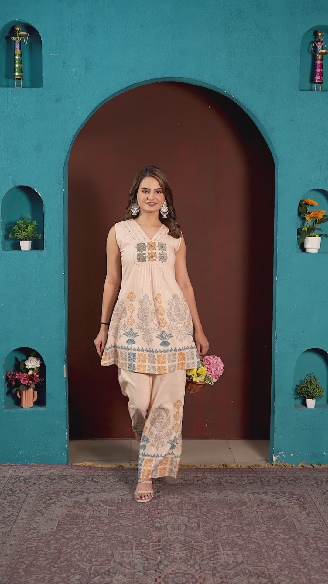 Peach Floral Sequin Kurti Palazzo Set